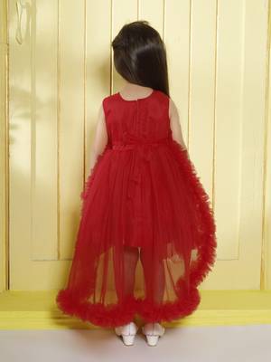 Red gathered bodice high low net woven party frock 2