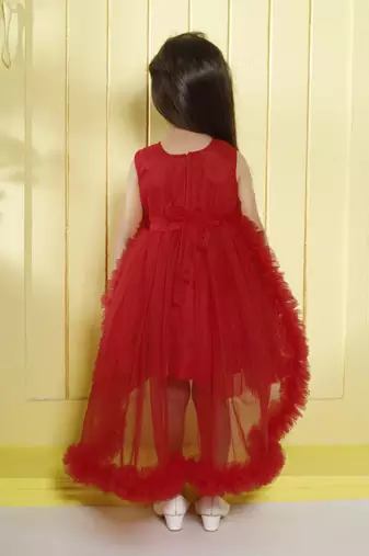 Red gathered bodice high low net woven party frock