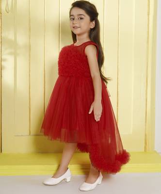 Red gathered bodice high low net woven party frock 3