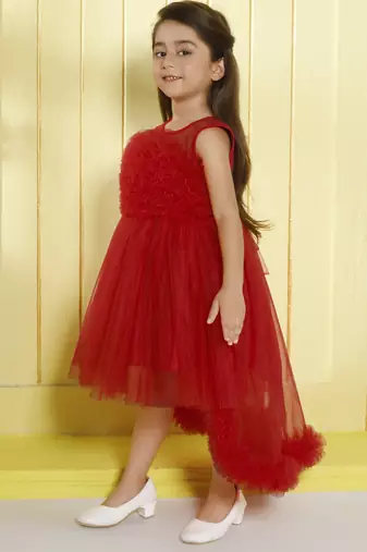 Red gathered bodice high low net woven party frock