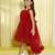 Red gathered bodice high low net woven party frock