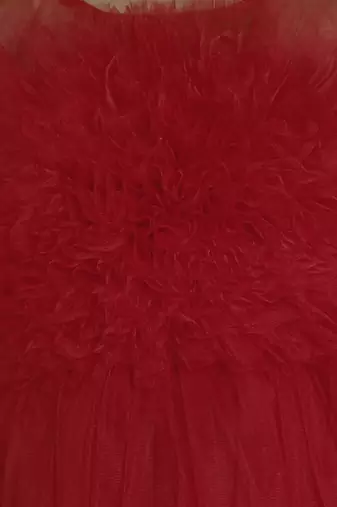 Red gathered bodice high low net woven party frock