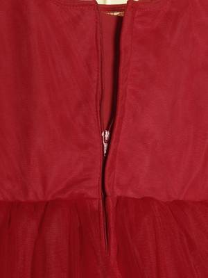 Red gathered bodice high low net woven party frock 5