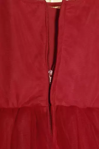 Red gathered bodice high low net woven party frock