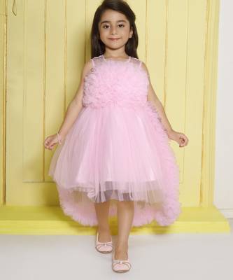 Babypink gathered bodice high low net woven party frock 1
