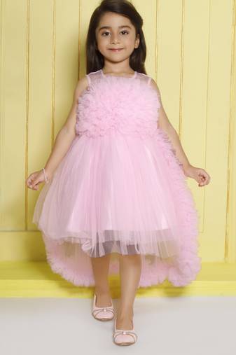 Babypink gathered bodice high low net woven party frock
