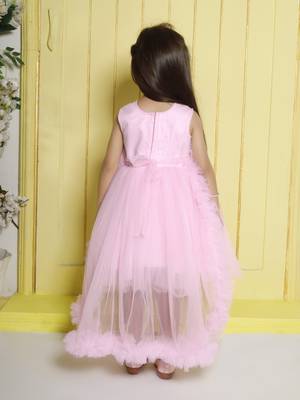 Babypink gathered bodice high low net woven party frock 2