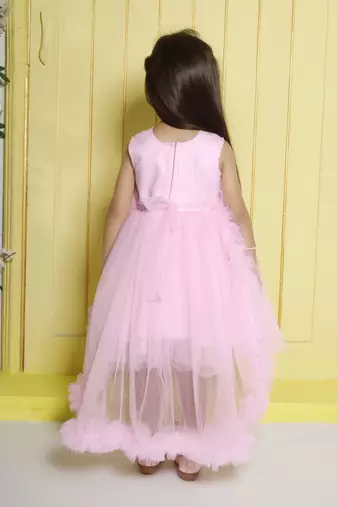 Babypink gathered bodice high low net woven party frock