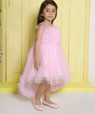 Babypink gathered bodice high low net woven party frock 3