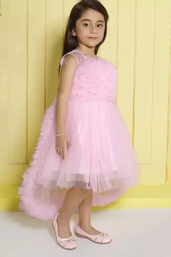 Babypink gathered bodice high low net woven party frock