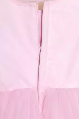 Babypink gathered bodice high low net woven party frock
