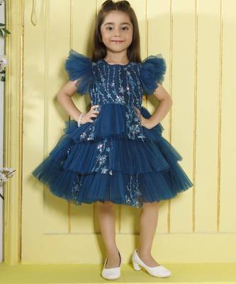 Teal tiered sequence net woven party frock- teal 1