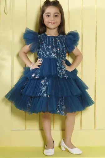 Teal tiered sequence net woven party frock- teal