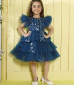 Teal tiered sequence net woven party frock- teal