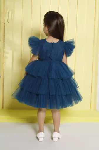 Teal tiered sequence net woven party frock- teal