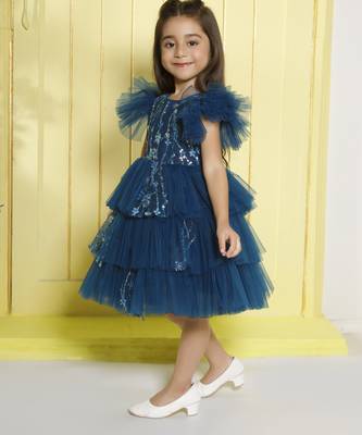 Teal tiered sequence net woven party frock- teal 3