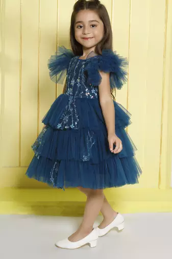 Teal tiered sequence net woven party frock- teal