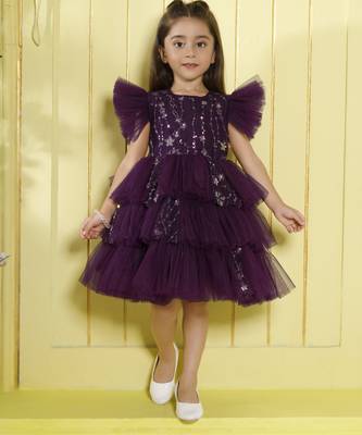 Wine tiered sequence net woven party frock- teal 1