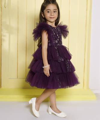 Wine tiered sequence net woven party frock- teal 3
