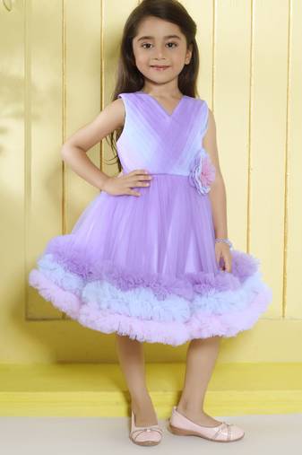 Lilac pleated  bodice frillerd hem net woven party frock