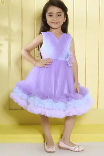 Lilac pleated  bodice frillerd hem net woven party frock