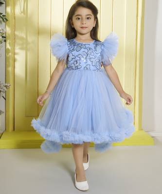 Sky blue sequence bodice tailcut net woven party frock 1