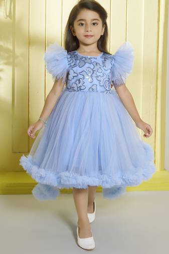 Sky blue sequence bodice tailcut net woven party frock