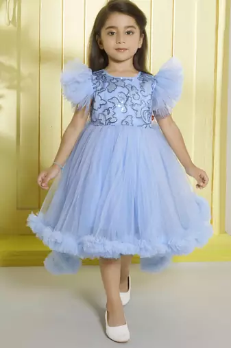 Sky blue sequence bodice tailcut net woven party frock