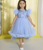 Sky blue sequence bodice tailcut net woven party frock