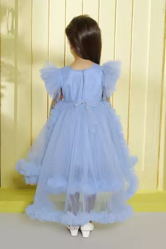 Sky blue sequence bodice tailcut net woven party frock