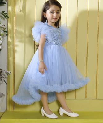 Sky blue sequence bodice tailcut net woven party frock 3