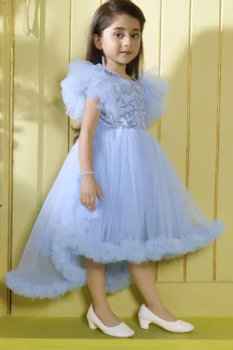Sky blue sequence bodice tailcut net woven party frock