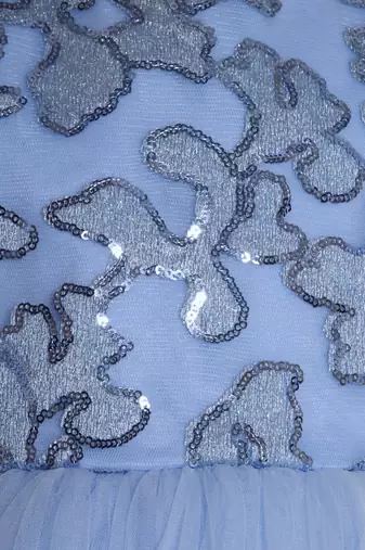Sky blue sequence bodice tailcut net woven party frock