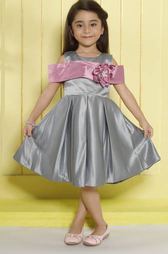 Grey box pleated satin woven party frock