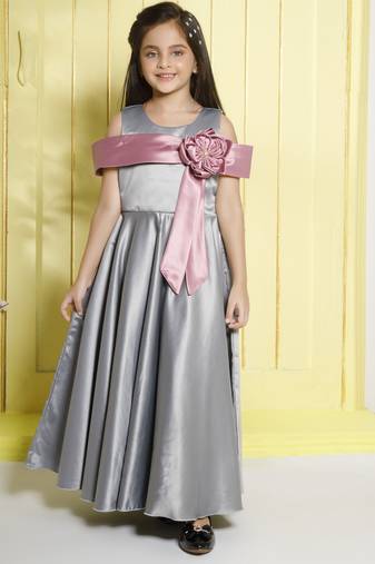 Grey box pleated satin woven party gown