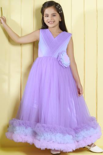 Lilac pleated  bodice frillerd hem net woven party gown