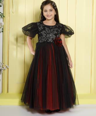 Black embellished bodice dual colour net woven party gown 1