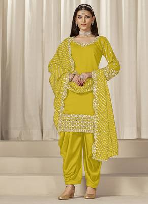 Yellow sequins work roman silk blend patiyala salwar suit 1