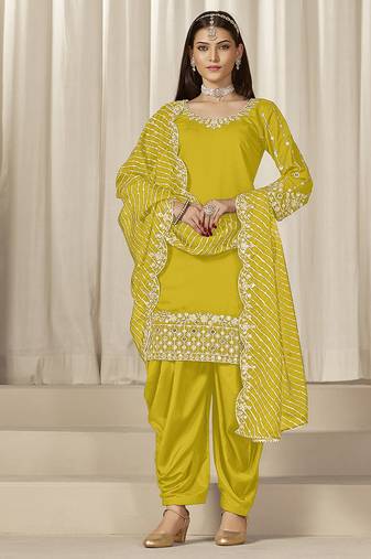 Yellow sequins mirror work roman silk festival patiyala salwar suit
