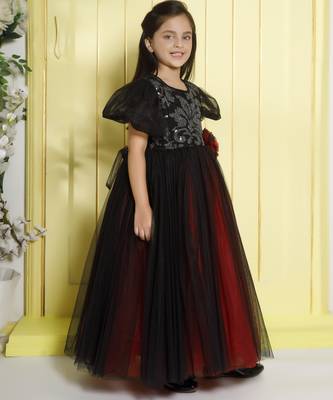 Black embellished bodice dual colour net woven party gown 3