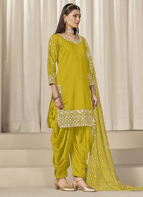 Yellow sequins work roman silk blend patiyala salwar suit 2