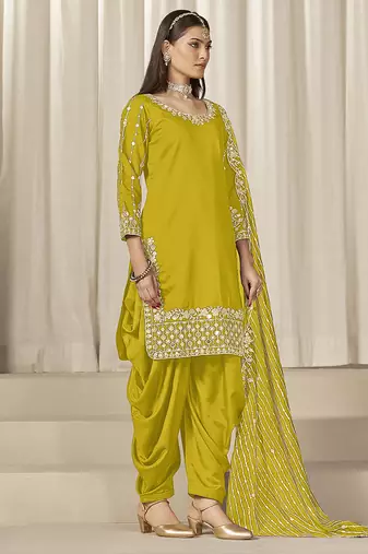 Yellow sequins work roman silk blend patiyala salwar suit