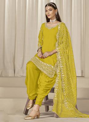 Yellow sequins work roman silk blend patiyala salwar suit 3