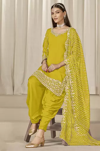 Yellow sequins work roman silk blend patiyala salwar suit