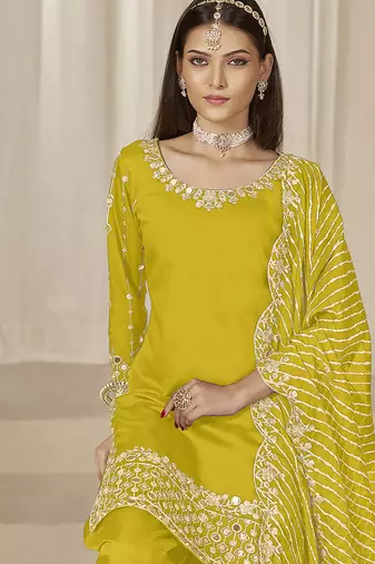 Yellow sequins work roman silk blend patiyala salwar suit