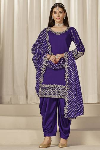 Purple sequins mirror work roman silk festival patiyala salwar suit
