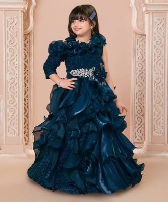 Teal multi layered velvet furr bodice embellished organza woven party gown 1