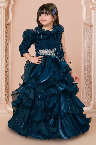 Teal multi layered velvet furr bodice embellished organza woven party gown