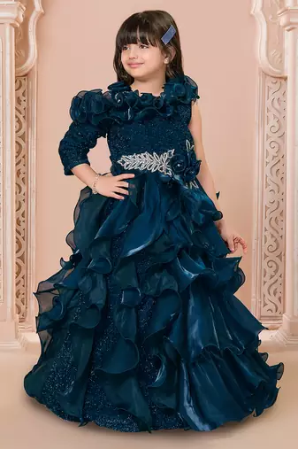 Teal multi layered velvet furr bodice embellished organza woven party gown