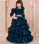 Teal multi layered velvet furr bodice embellished organza woven party gown